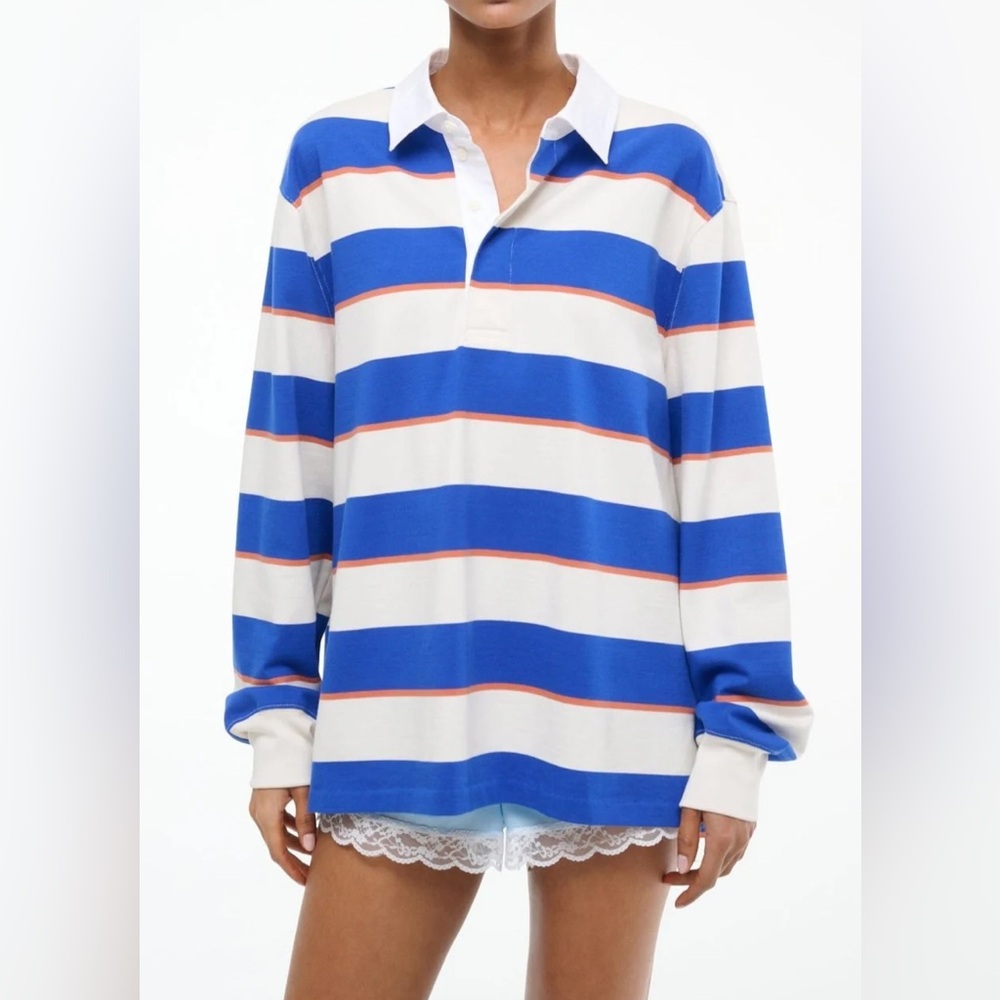 STAUD White and Blue Polo Shirt